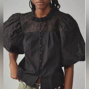 Anthropologie Maeve Puff-Sleeve Embellished Button-Front Blouse